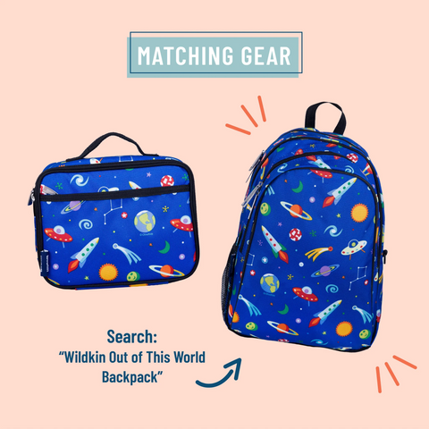 Navy blue background with black trim. The Print has spaceships, rockets, planets and galaxies with matching backpack