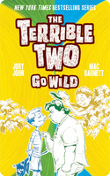 The Terrible Two Go Wild. Blue, green and yellow card with two boys taking another man's hat