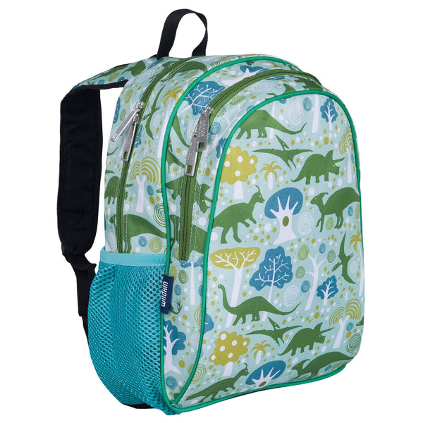 Backpack with light aqua background and green dinosaur print. Has aqua mesh bottle holders on sides.