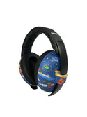 Baby Ear Muffs. The print has a blue back ground with several types of transportation