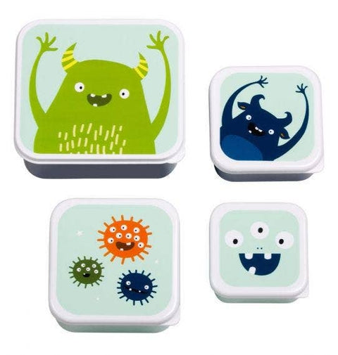 Lunch box set with monsters printed on them. One is  green monster, blue monster, round spiky monsters, and one has a monster face