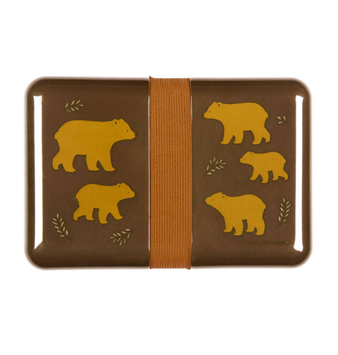 Brown lunch box with bears on it