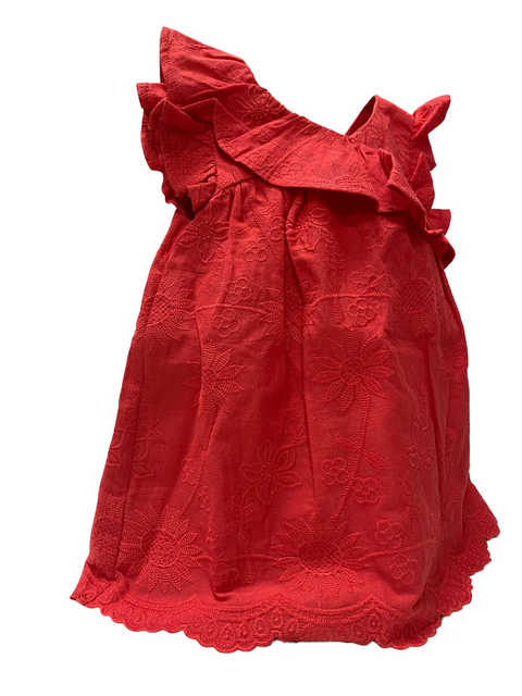 Solid Red Dress with Flutter sleeves and embossed flowers and lace accents. 