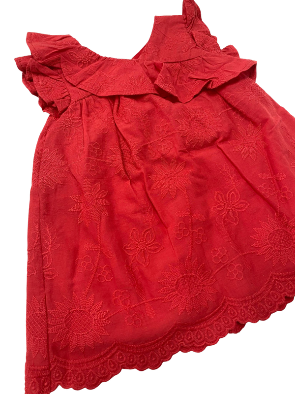 Solid Red Floral Embossed dress with Flutter Sleeves.