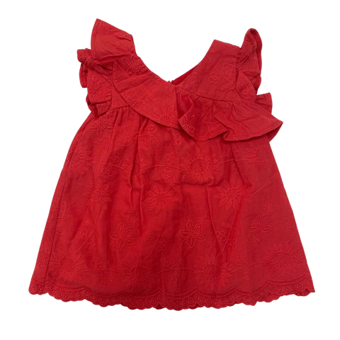 Solid Red Floral Embossed dress with Flutter Sleeves. 