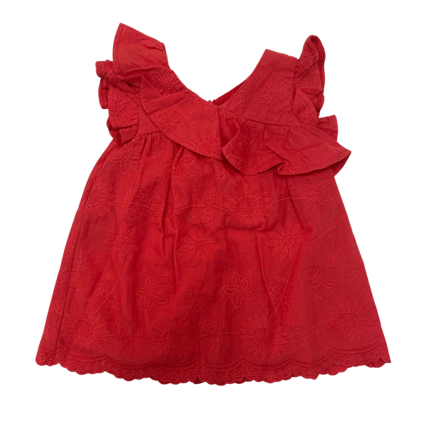 Solid Red Floral Embossed dress with Flutter Sleeves. 