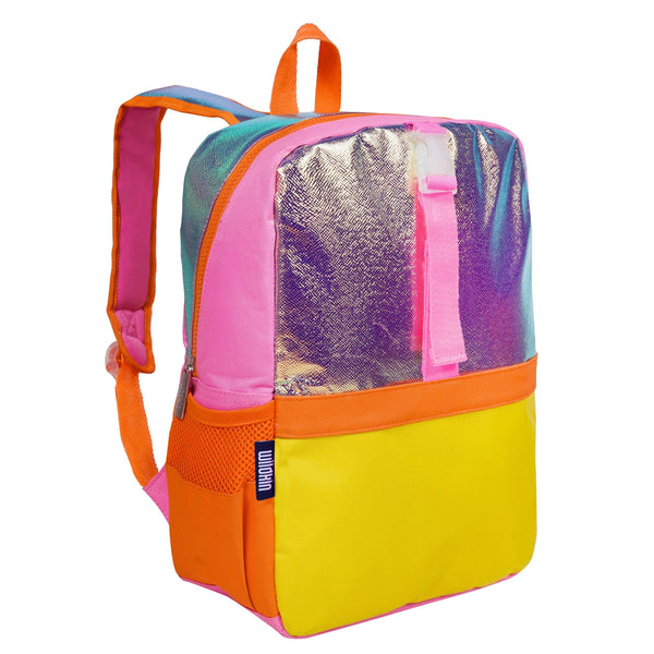 Orange, yellow, pink and teal block work backpack with a shimmery front half.
