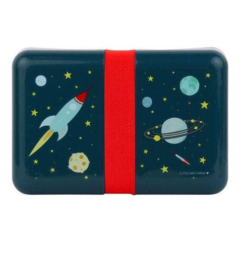 Blue space lunch box with rockets, planets, and stars