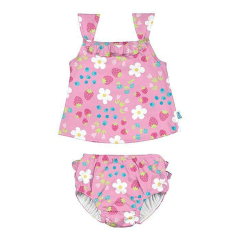 I Play | Two Piece Ruffle Tankini Swimsuit ~ Light Pink Daisy Fruit SwimDiapers Iplay   