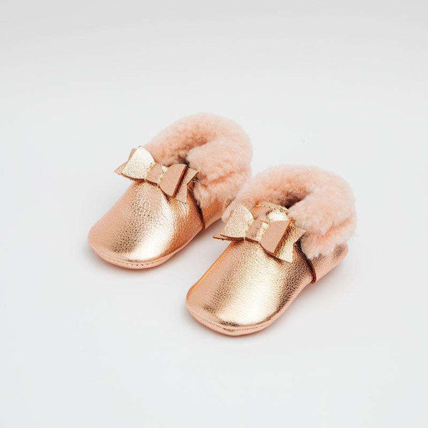 Freshly Picked | Shearling Bow Mocc Mini Sole ~ Rose Gold with Pink Shoes Freshly Picked   