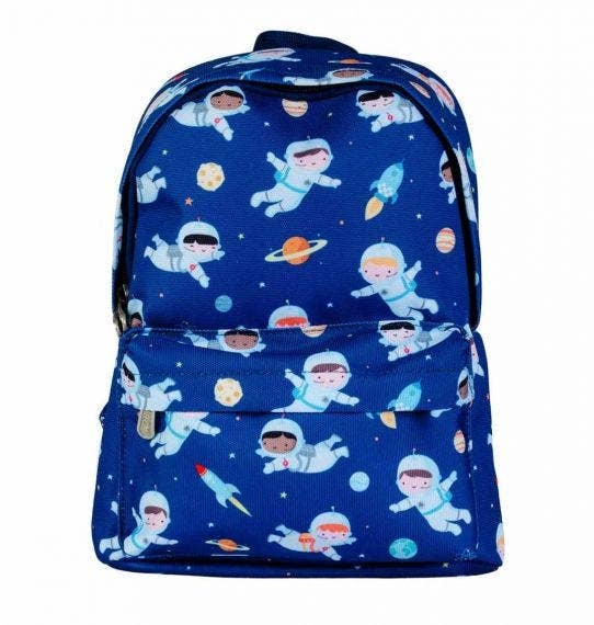 Blue backpack with children astronauts, planets, and rockets printed on it. 