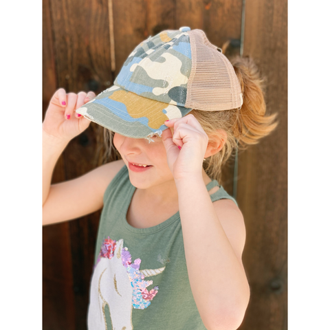 CC Beanie | Kids Distressed Criss-Cross High Ponytail ~ Camouflage Clothing CC Beanie   