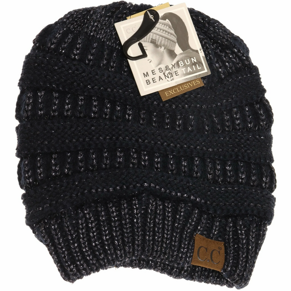 CC Beanie | Adult Solid Metalic Messy Bun ~ Navy Clothing CC Beanie   