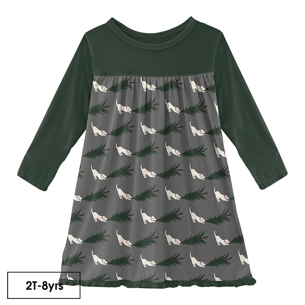 Kickee Pants Print Long Sleeve Swing Dress | Pewter Christmas Tree Drag Clothing Kickee Pants   