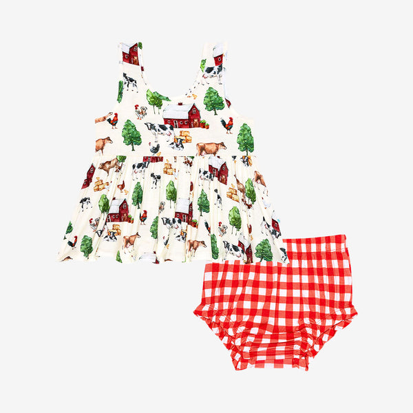 Bloomer set. Top is a Country farm print on a cream background.  Bloomers are red and white country checkered with ruffles on the bum.