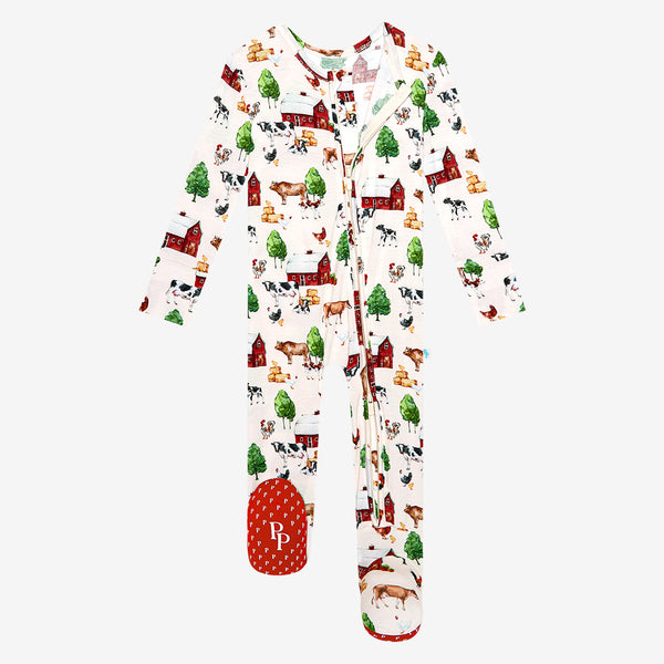Zippered footie. Country farm print on a cream background. 