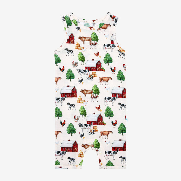 Racerback Romper. Country farm print on a cream background.