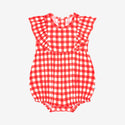 Bubble romper. Pattern is a red and white country checkered.Toddler in a bubble romper. Pattern is a red and white country checkered.