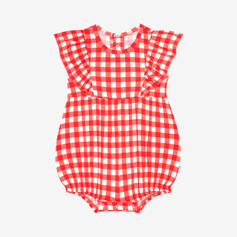 Bubble romper. Pattern is a red and white country checkered.Toddler in a bubble romper. Pattern is a red and white country checkered.