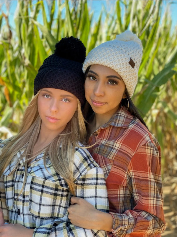 CC Beanie | Adult Bee Stitch Knit Pom ~ Red Clothing CC Beanie   