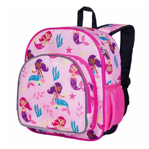Pink backpack with mermaids with purple hair.