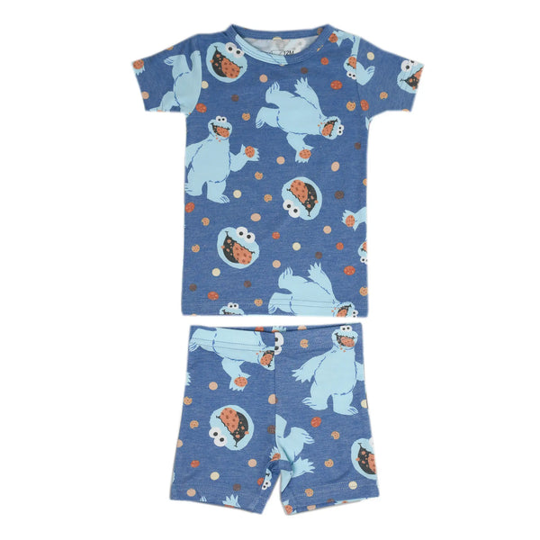 Two piece short pajama set. Blue background with cookie monster and cooke monster heads.