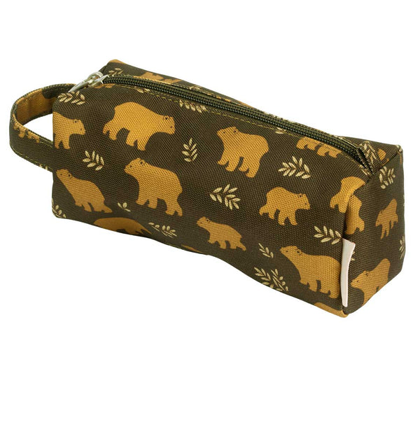 Small Brown Pencil bag with mustard colored bears printed on. There are also light orange fern leaves. The pencil bag has a zipper with brushed nickel hardware and a cloth strap for gripping. 