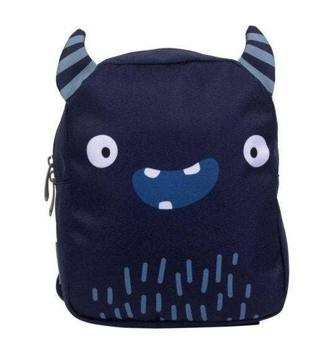 Navy blue backpack. It is made to look like a friendly monster with a mouth, eyes and two horns sticking up from the top of the bag. 