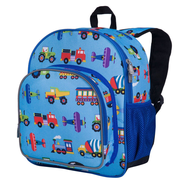 Blue backpack with transportation vehicles print. Blue mesh bottle holder on side.
