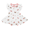 Bodysuite with twirl skirt. White background with pink butteflies