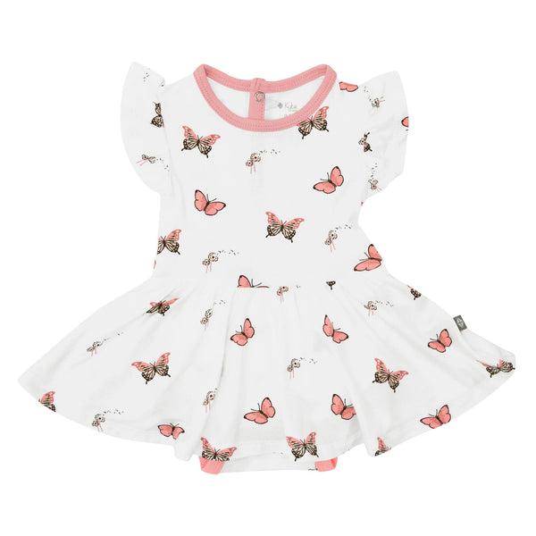 Bodysuite with twirl skirt. White background with pink butteflies