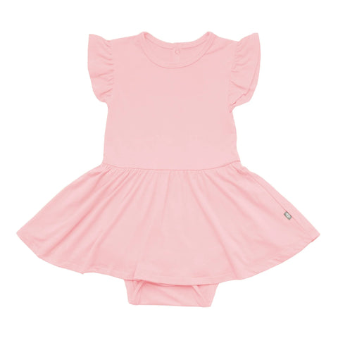 Bodysuit with flutter sleeves and twirl skirt in solid soft light pink color