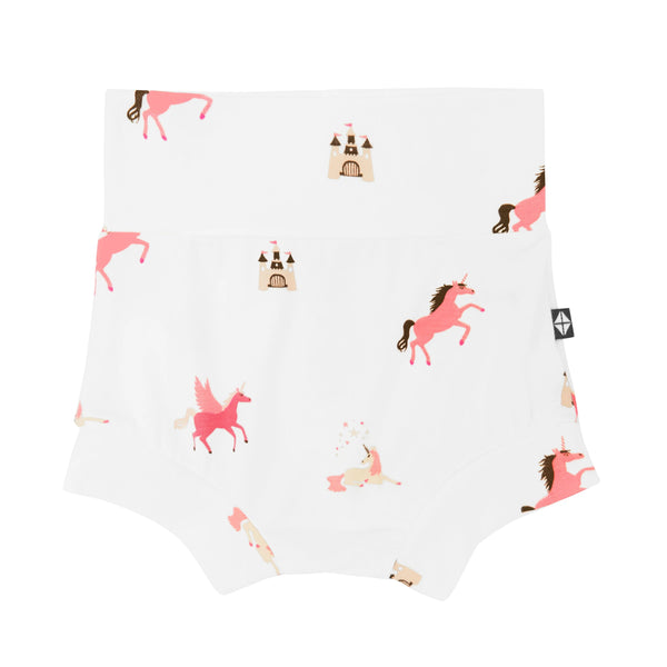 Bummies are white with pink unicorns and castles.