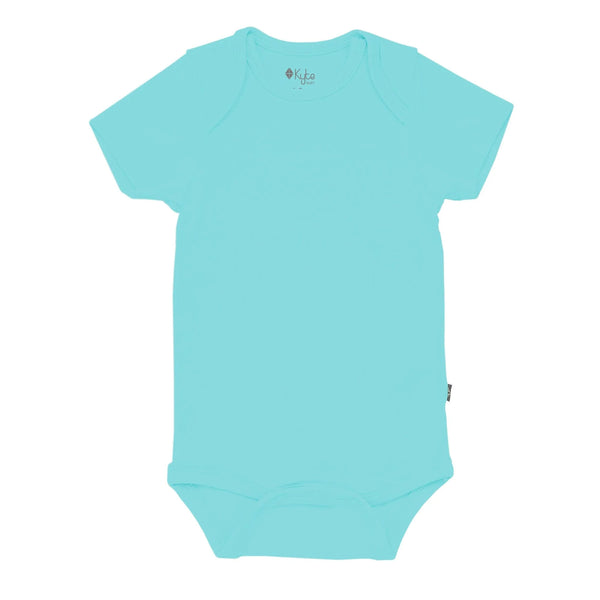 This short sleeve bodysuit is a solid robin's egg blue. Crisp and clean. 