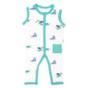 White romper with aqua dragons. Sleeve, neck and snap trim is aqua.