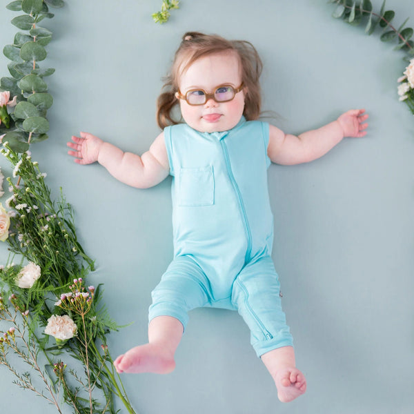 Baby girl in Sleeves Romper in solid robin's egg blue  