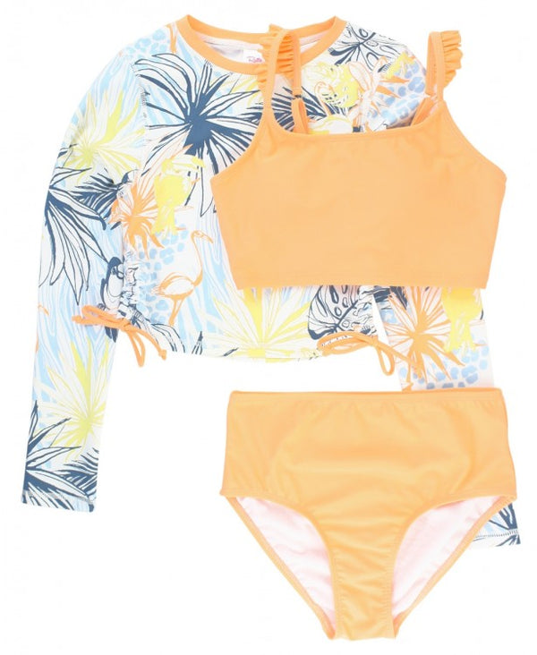 RuffleButts | Cropped Long Sleeve Rash Guard Bikini 3 pc Set ~ Birds of Paradise Clothing RuffleButts   