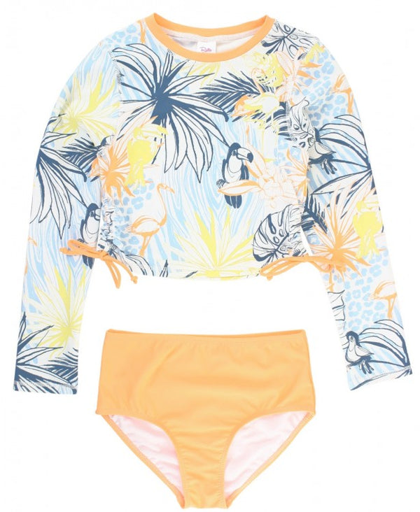 RuffleButts | Cropped Long Sleeve Rash Guard Bikini 3 pc Set ~ Birds of Paradise Clothing RuffleButts   