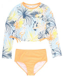 RuffleButts | Cropped Long Sleeve Rash Guard Bikini 3 pc Set ~ Birds of Paradise Clothing RuffleButts   
