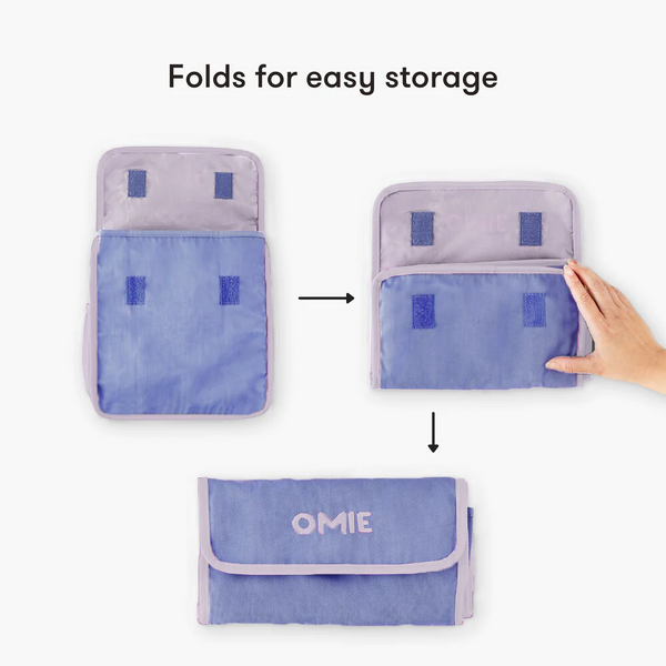 three photos showing how the lunch tote folds closed. There are two aplix patches to keep the flap closed