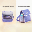 Two photos of the accessory pockets available on this tote. One mesh pocket on the inside and one mesh pocket on the side of the outside of the tote for water bottles.