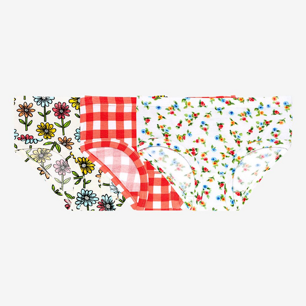 3 piece girl brief set. This pack includes 3 separate prints. Long stemmed daisies varying in colors; pink, light blue, orange, and yellow. 1 piece is red and white gingham, and the last pair is small bunches of posies with colors varying; blue, pink, and orange
