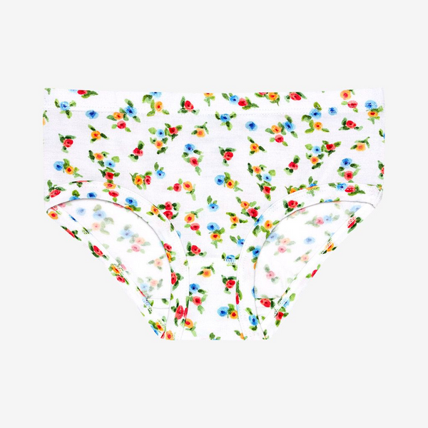 1 pair brief underwear on white with small bunches of floral posies varying in colors; pink, blue, and yellow