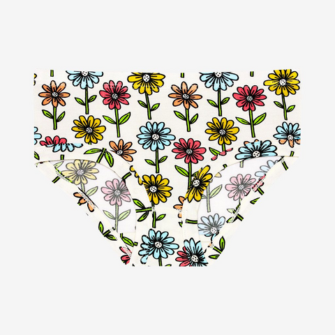 1 brief underwear  floral on a cream background. The Flowers are single daisies on stems and vary in color. Light Blue, Yellow, light orange, and pink.