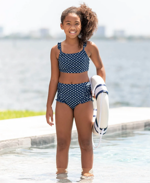 RuffleButts | Tween Ruffle Strap Bikini ~ Navy Polka Dot Clothing RuffleButts   