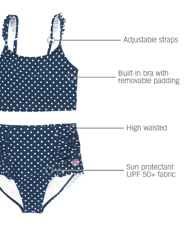 RuffleButts | Tween Ruffle Strap Bikini ~ Navy Polka Dot Clothing RuffleButts   