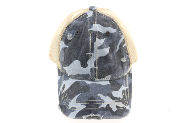 CC Beanie | Camo Mesh Back High Pony Hat ~ Blue Clothing CC Beanie   