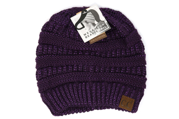 CC Beanie | Adult Solid Metalic Messy Bun ~ Purple Clothing CC Beanie   