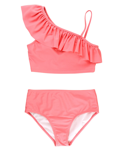 RuffleButts | Tween One Shoulder Ruffle Tankini ~ Strawberry Clothing RuffleButts 10  