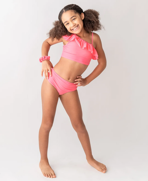 RuffleButts | Tween One Shoulder Ruffle Tankini ~ Strawberry Clothing RuffleButts   